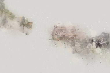 Polonya, Karkonosze 'daki dağ evinde kış karı, sanat, ilüstrasyon, antika, model, minyatür