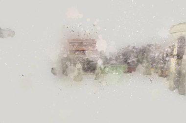 Polonya, Karkonosze 'daki dağ evinde kış karı, sanat, ilüstrasyon, antika, model, minyatür