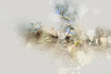 Polonya, Karkonosze 'daki dağ evinde kış karı, sanat, ilüstrasyon, antika, model, minyatür