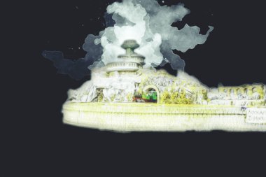 Polonya 'da bir viyadük treni, gün batımına karşı gölün ve dağların üzerinde buhar treniyle, sanat, ilüstrasyon, antika, model, minyatür.