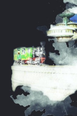 Polonya 'da bir viyadük treni, gün batımına karşı gölün ve dağların üzerinde buhar treniyle, sanat, ilüstrasyon, antika, model, minyatür.