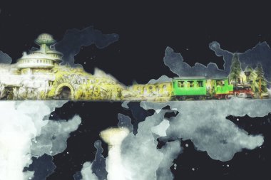 Polonya 'da bir viyadük treni, gün batımına karşı gölün ve dağların üzerinde buhar treniyle, sanat, ilüstrasyon, antika, model, minyatür.