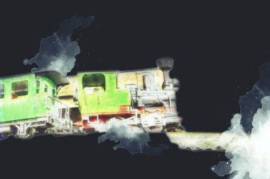 Polonya 'da bir viyadük treni, gün batımına karşı gölün ve dağların üzerinde buhar treniyle, sanat, ilüstrasyon, antika, model, minyatür.