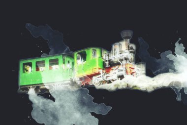 Polonya 'da bir viyadük treni, gün batımına karşı gölün ve dağların üzerinde buhar treniyle, sanat, ilüstrasyon, antika, model, minyatür.