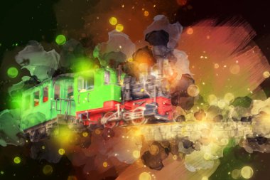 Polonya 'da bir viyadük treni, gün batımına karşı gölün ve dağların üzerinde buhar treniyle, sanat, ilüstrasyon, antika, model, minyatür.