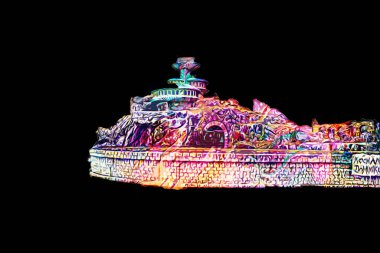 Polonya 'da bir viyadük treni, gün batımına karşı gölün ve dağların üzerinde buhar treniyle, sanat, ilüstrasyon, antika, model, minyatür.