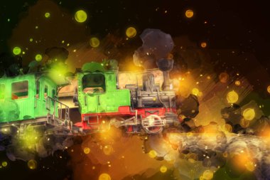 Polonya 'da bir viyadük treni, gün batımına karşı gölün ve dağların üzerinde buhar treniyle, sanat, ilüstrasyon, antika, model, minyatür.