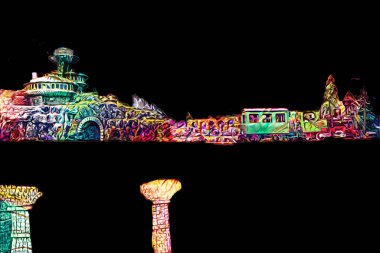 Polonya 'da bir viyadük treni, gün batımına karşı gölün ve dağların üzerinde buhar treniyle, sanat, ilüstrasyon, antika, model, minyatür.