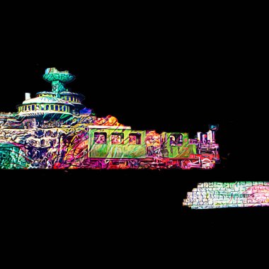 Polonya 'da bir viyadük treni, gün batımına karşı gölün ve dağların üzerinde buhar treniyle, sanat, ilüstrasyon, antika, model, minyatür.