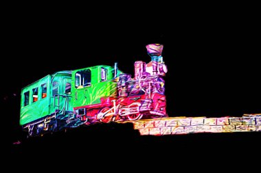 Polonya 'da bir viyadük treni, gün batımına karşı gölün ve dağların üzerinde buhar treniyle, sanat, ilüstrasyon, antika, model, minyatür.