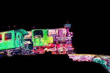 Polonya 'da bir viyadük treni, gün batımına karşı gölün ve dağların üzerinde buhar treniyle, sanat, ilüstrasyon, antika, model, minyatür.