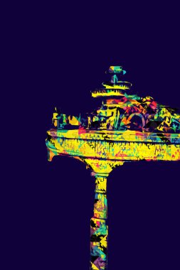 Polonya 'da bir viyadük treni, gün batımına karşı gölün ve dağların üzerinde buhar treniyle, sanat, ilüstrasyon, antika, model, minyatür.