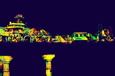 Polonya 'da bir viyadük treni, gün batımına karşı gölün ve dağların üzerinde buhar treniyle, sanat, ilüstrasyon, antika, model, minyatür.