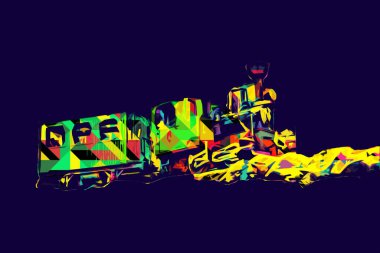 Polonya 'da bir viyadük treni, gün batımına karşı gölün ve dağların üzerinde buhar treniyle, sanat, ilüstrasyon, antika, model, minyatür.