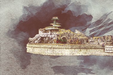 Polonya 'da bir viyadük treni, gün batımına karşı gölün ve dağların üzerinde buhar treniyle, sanat, ilüstrasyon, antika, model, minyatür.