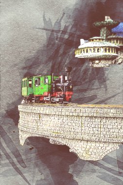 Polonya 'da bir viyadük treni, gün batımına karşı gölün ve dağların üzerinde buhar treniyle, sanat, ilüstrasyon, antika, model, minyatür.