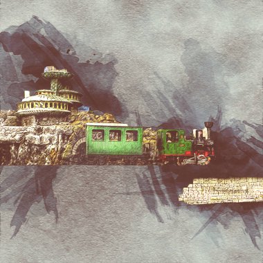 Polonya 'da bir viyadük treni, gün batımına karşı gölün ve dağların üzerinde buhar treniyle, sanat, ilüstrasyon, antika, model, minyatür.