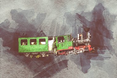 Polonya 'da bir viyadük treni, gün batımına karşı gölün ve dağların üzerinde buhar treniyle, sanat, ilüstrasyon, antika, model, minyatür.