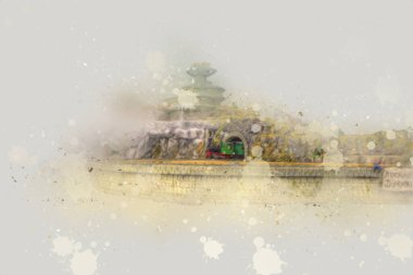 Polonya 'da bir viyadük treni, gün batımına karşı gölün ve dağların üzerinde buhar treniyle, sanat, ilüstrasyon, antika, model, minyatür.