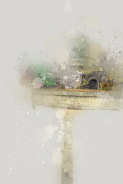 Polonya 'da bir viyadük treni, gün batımına karşı gölün ve dağların üzerinde buhar treniyle, sanat, ilüstrasyon, antika, model, minyatür.