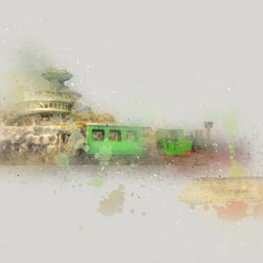 Polonya 'da bir viyadük treni, gün batımına karşı gölün ve dağların üzerinde buhar treniyle, sanat, ilüstrasyon, antika, model, minyatür.