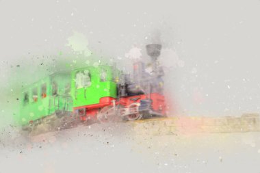 Polonya 'da bir viyadük treni, gün batımına karşı gölün ve dağların üzerinde buhar treniyle, sanat, ilüstrasyon, antika, model, minyatür.