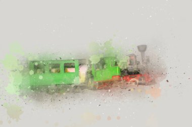 Polonya 'da bir viyadük treni, gün batımına karşı gölün ve dağların üzerinde buhar treniyle, sanat, ilüstrasyon, antika, model, minyatür.