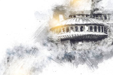 Karkonosze dağlarındaki Sniezka tepesi, Karpacz, Polonya. sanat, ilüstrasyon, vintage, retro, antika, model, minyatür