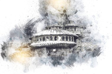 Karkonosze dağlarındaki Sniezka tepesi, Karpacz, Polonya. sanat, ilüstrasyon, vintage, retro, antika, model, minyatür