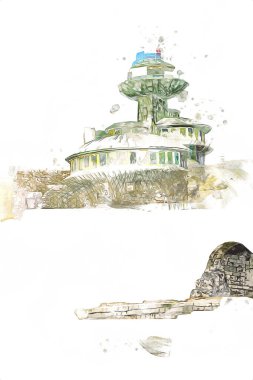 Karkonosze dağlarındaki Sniezka tepesi, Karpacz, Polonya. sanat, ilüstrasyon, vintage, retro, antika, model, minyatür