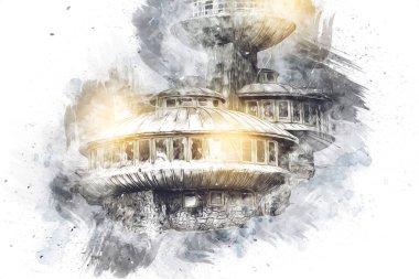 Karkonosze dağlarındaki Sniezka tepesi, Karpacz, Polonya. sanat, ilüstrasyon, vintage, retro, antika, model, minyatür