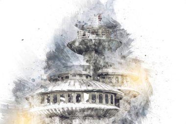 Karkonosze dağlarındaki Sniezka tepesi, Karpacz, Polonya. sanat, ilüstrasyon, vintage, retro, antika, model, minyatür