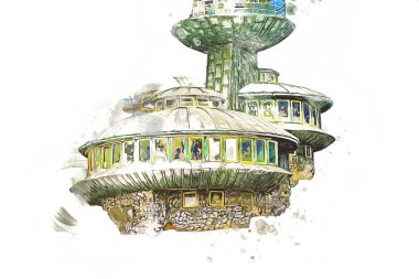 Karkonosze dağlarındaki Sniezka tepesi, Karpacz, Polonya. sanat, ilüstrasyon, vintage, retro, antika, model, minyatür