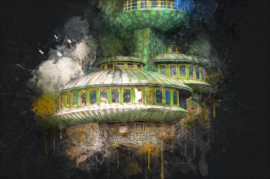 Karkonosze dağlarındaki Sniezka tepesi, Karpacz, Polonya. sanat, ilüstrasyon, vintage, retro, antika, model, minyatür