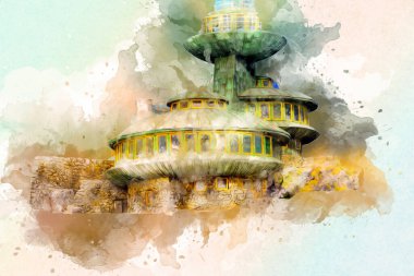 Karkonosze dağlarındaki Sniezka tepesi, Karpacz, Polonya. sanat, ilüstrasyon, vintage, retro, antika, model, minyatür