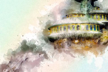 Karkonosze dağlarındaki Sniezka tepesi, Karpacz, Polonya. sanat, ilüstrasyon, vintage, retro, antika, model, minyatür