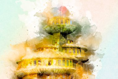 Karkonosze dağlarındaki Sniezka tepesi, Karpacz, Polonya. sanat, ilüstrasyon, vintage, retro, antika, model, minyatür