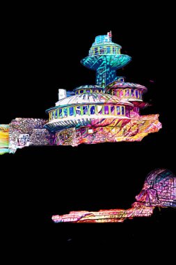 Karkonosze dağlarındaki Sniezka tepesi, Karpacz, Polonya. sanat, ilüstrasyon, vintage, retro, antika, model, minyatür