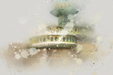 Karkonosze dağlarındaki Sniezka tepesi, Karpacz, Polonya. sanat, ilüstrasyon, vintage, retro, antika, model, minyatür