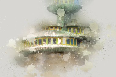 Karkonosze dağlarındaki Sniezka tepesi, Karpacz, Polonya. sanat, ilüstrasyon, vintage, retro, antika, model, minyatür