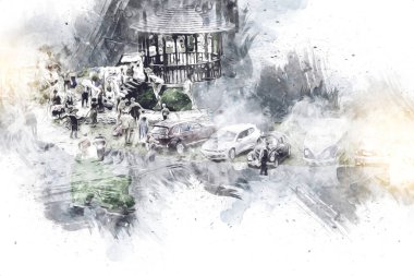 Wroclaw Avrupa şehir manzarası, düğün, insanlar ve çim, sanat ilüstrasyonu antika, model, minyatür