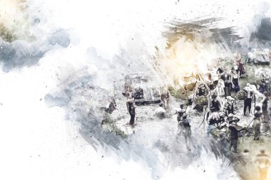 Wroclaw Avrupa şehir manzarası, düğün, insanlar ve çim, sanat ilüstrasyonu antika, model, minyatür