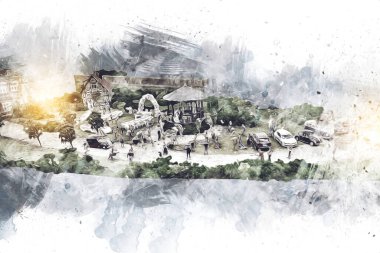 Wroclaw Avrupa şehir manzarası, düğün, insanlar ve çim, sanat ilüstrasyonu antika, model, minyatür