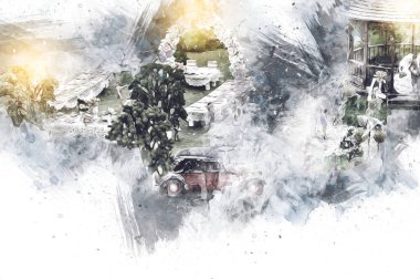 Wroclaw Avrupa şehir manzarası, düğün, insanlar ve çim, sanat ilüstrasyonu antika, model, minyatür