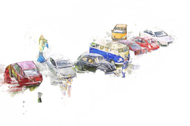 Wroclaw Avrupa şehir manzarası, düğün, insanlar ve çim, sanat ilüstrasyonu antika, model, minyatür