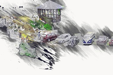 Wroclaw Avrupa şehir manzarası, düğün, insanlar ve çim, sanat ilüstrasyonu antika, model, minyatür