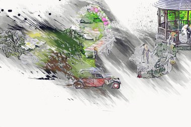 Wroclaw Avrupa şehir manzarası, düğün, insanlar ve çim, sanat ilüstrasyonu antika, model, minyatür