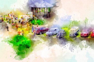 Wroclaw Avrupa şehir manzarası, düğün, insanlar ve çim, sanat ilüstrasyonu antika, model, minyatür