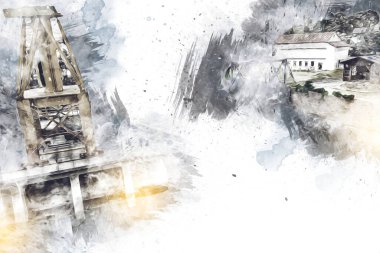 Büyük iskele vinçleri, derin deniz gemilerinin boşaltılması için hazırlandı. Sanatsal ilüstrasyon antika, model, minyatür.