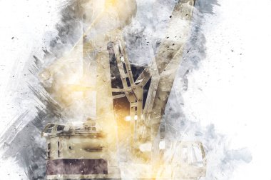 Büyük iskele vinçleri, derin deniz gemilerinin boşaltılması için hazırlandı. Sanatsal ilüstrasyon antika, model, minyatür.